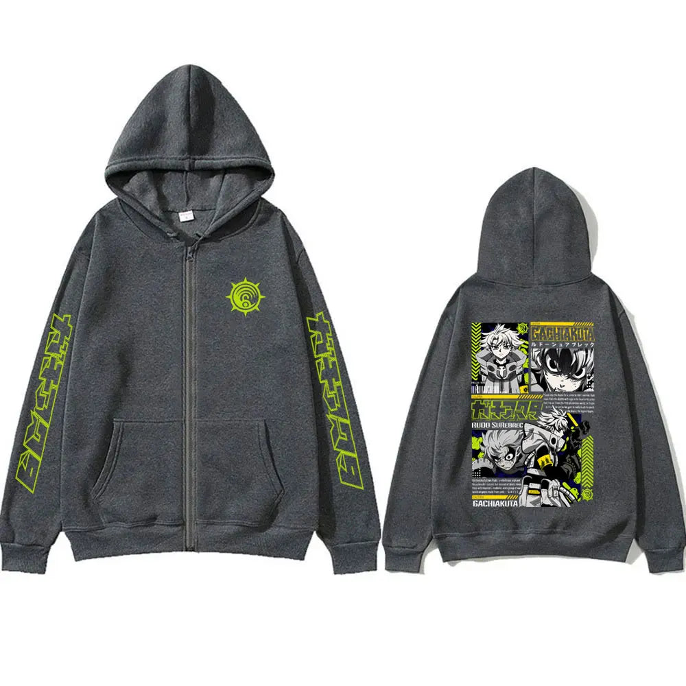 Gachiakuta Anime Rudo Graphic Dark Grey Zip-Up Hoodie