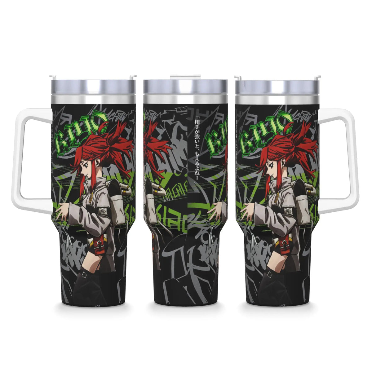 Gachiakuta Riyo Reaper Red Hair Green Graffiti 40oz Stainless Steel Tumbler
