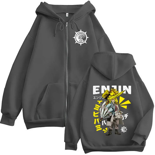 Japanese Anime Gachiakuta Enjin Graphic Dark Grey Zip-Up Hoodie