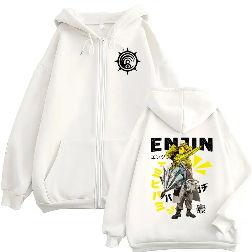 Japanese Anime Gachiakuta Enjin Graphic White Zip-Up Hoodie