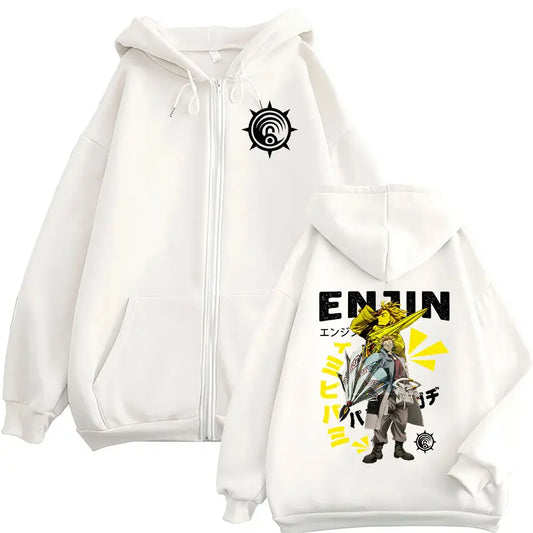 Japanese Anime Gachiakuta Enjin Graphic White Zip-Up Hoodie
