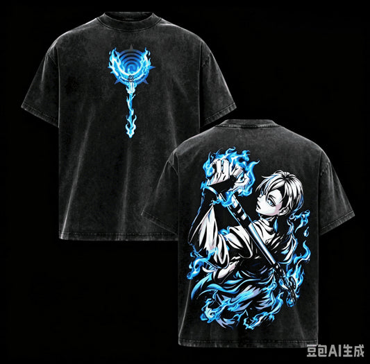 Gachiakuta Zanka Nijiku Blue Flame Black Vintage T-Shirt