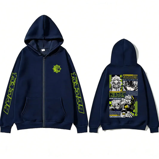 Gachiakuta Anime Rudo Graphic Navy Blue Zip-Up Hoodie