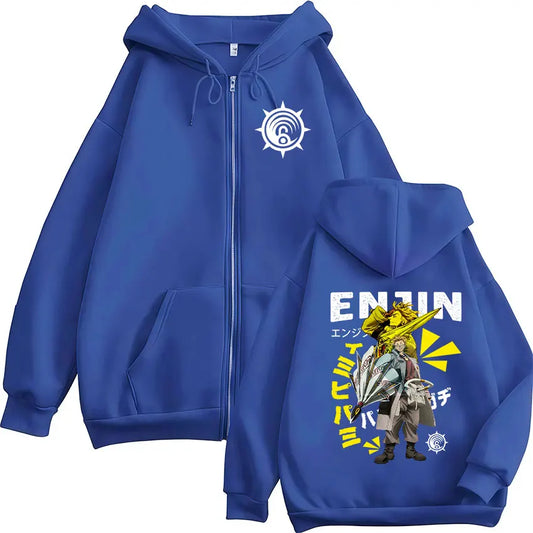 Japanese Anime Gachiakuta Enjin Graphic Blue Zip-Up Hoodie