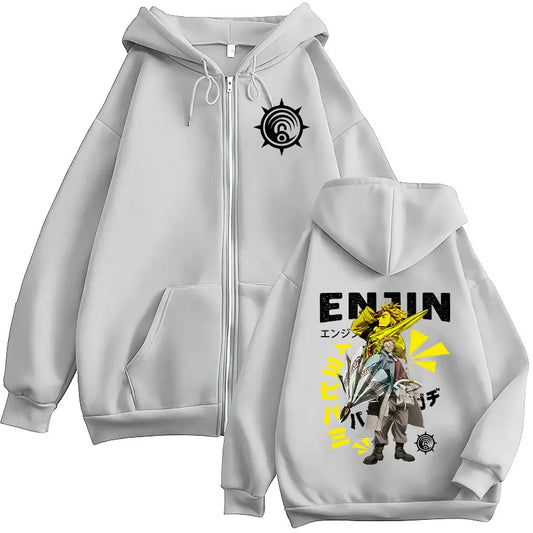 Japanese Anime Gachiakuta Enjin Graphic Gray Zip-Up Hoodie