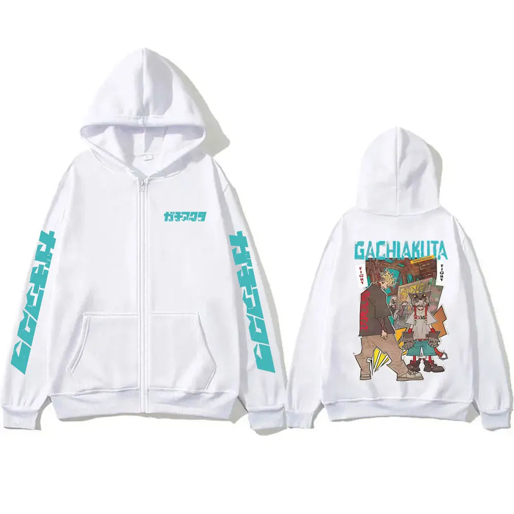 White Gachiakuta Enjin Rudo Zip Up Hoodie