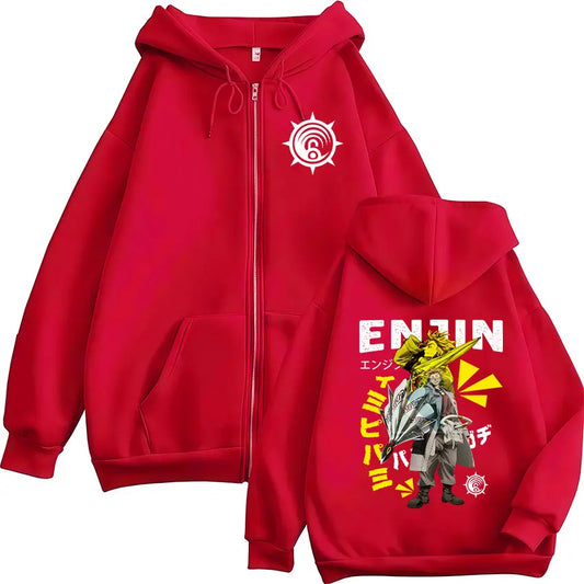 Japanese Anime Gachiakuta Enjin Graphic Red Zip-Up Hoodie